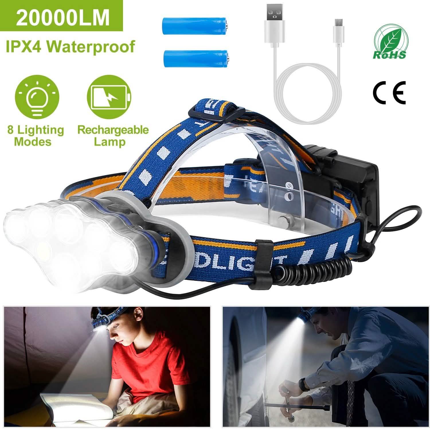 20000LM Rechargeable LED Headlamp with 8 Lighting Modes DailySale