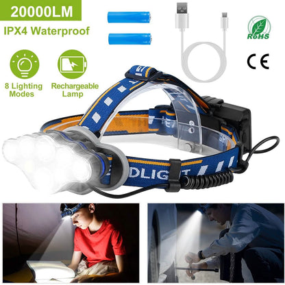 20000LM Rechargeable LED Headlamp with 8 Lighting Modes DailySale