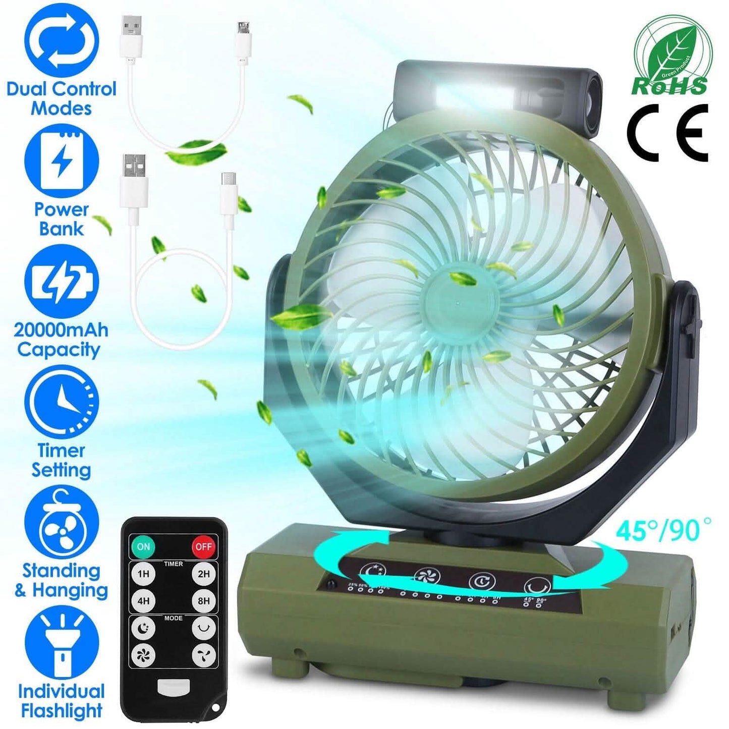 20000mAh Rechargeable Oscillating Camping Fan with Flashlight Hanging Hook Remote Control DailySale