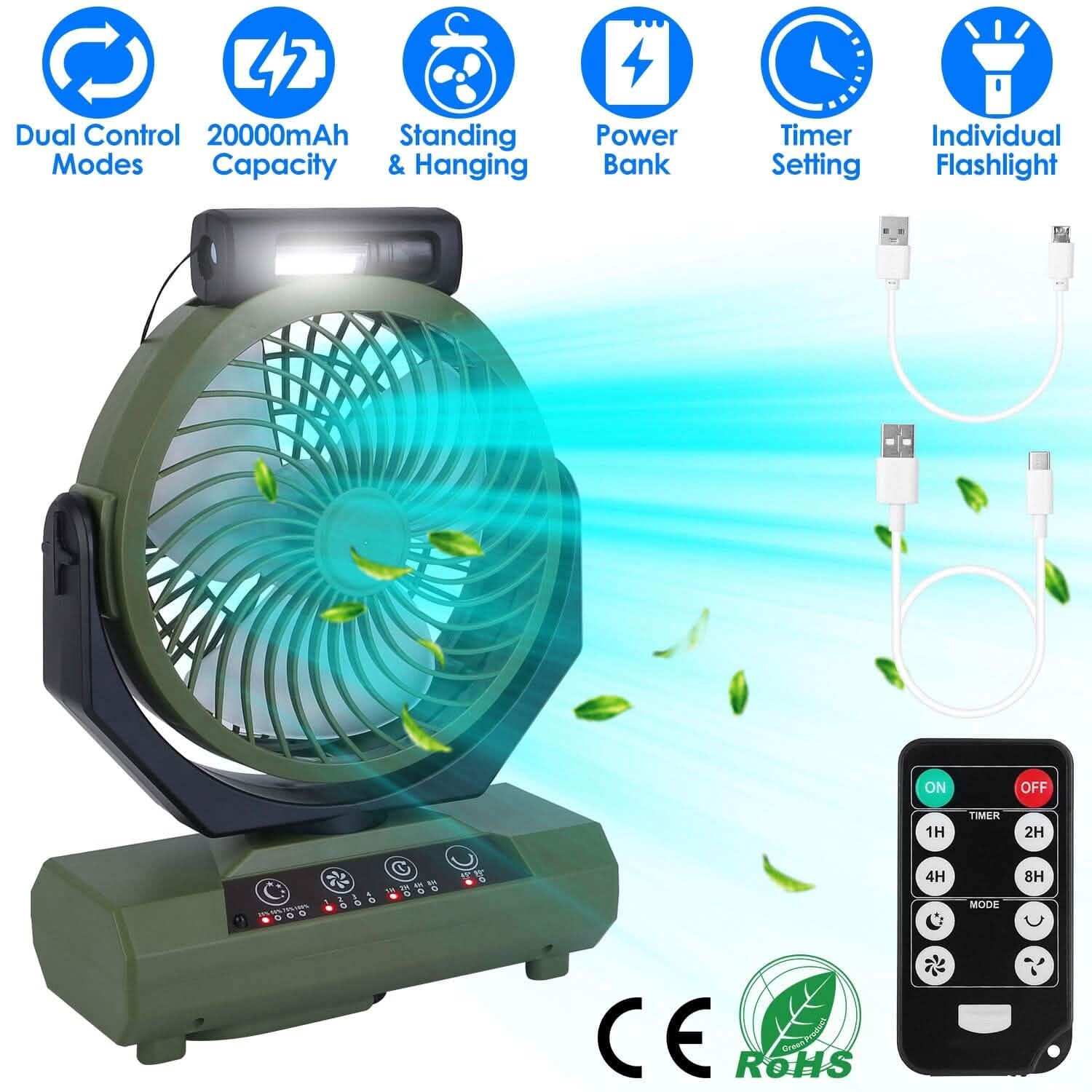 20000mAh Rechargeable Oscillating Camping Fan with Flashlight Hanging Hook Remote Control DailySale
