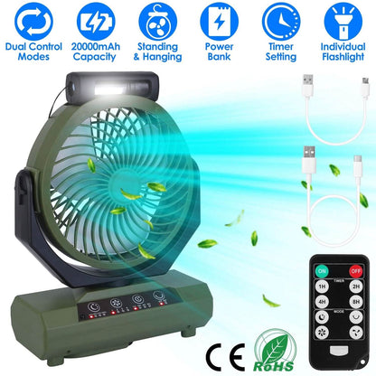 20000mAh Rechargeable Oscillating Camping Fan with Flashlight Hanging Hook Remote Control DailySale