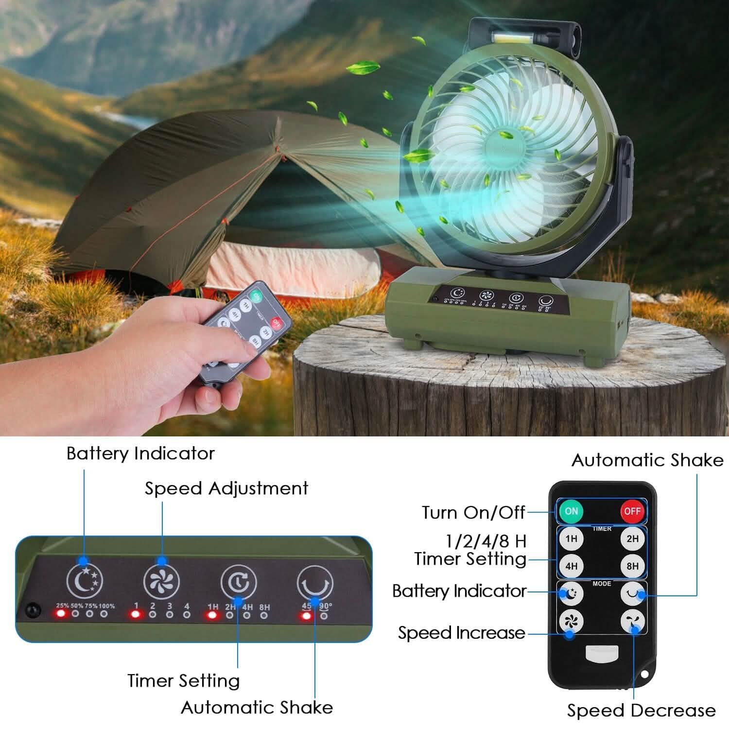 20000mAh Rechargeable Oscillating Camping Fan with Flashlight Hanging Hook Remote Control DailySale