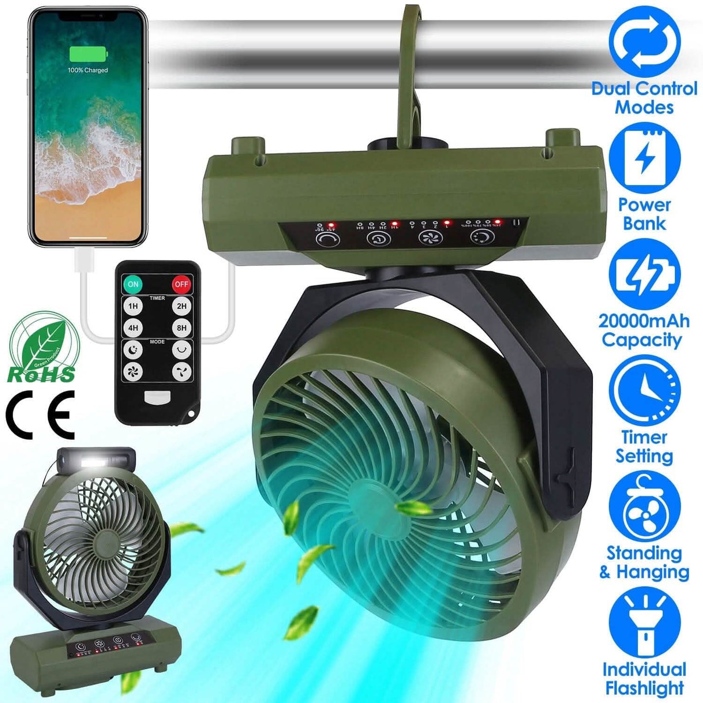 20000mAh Rechargeable Oscillating Camping Fan with Flashlight Hanging Hook Remote Control DailySale