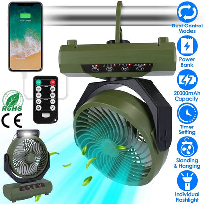 20000mAh Rechargeable Oscillating Camping Fan with Flashlight Hanging Hook Remote Control DailySale