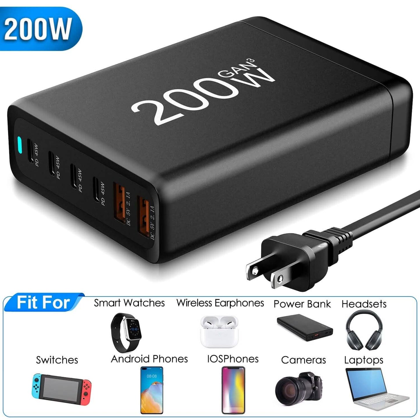 200W Fast Wall Charger with 6 Charging Ports Desktop USB Charging Station DailySale