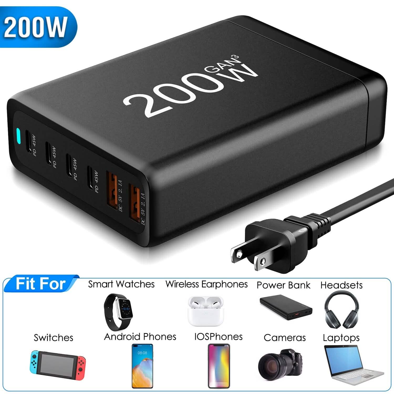 200W Fast Wall Charger with 6 Charging Ports Desktop USB Charging Station DailySale