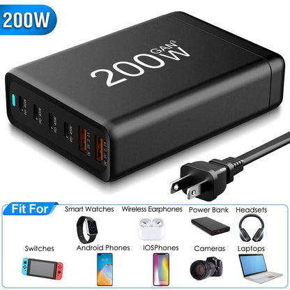 200W Fast Wall Charger with 6 Charging Ports Desktop USB Charging Station DailySale