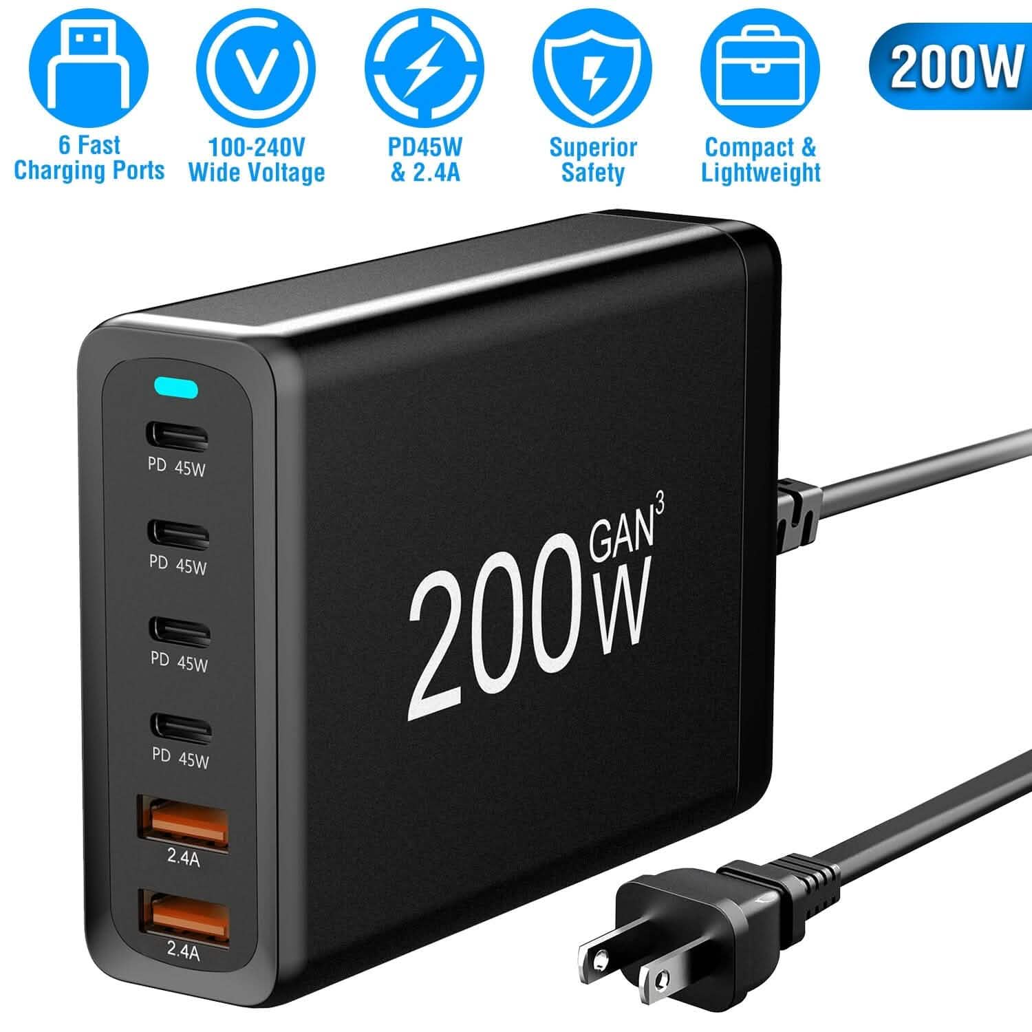 200W Fast Wall Charger with 6 Charging Ports Desktop USB Charging Station DailySale