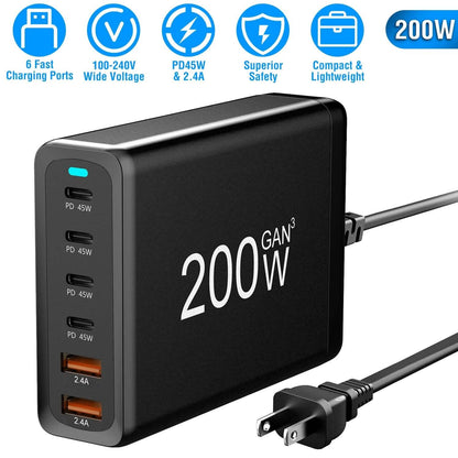 200W Fast Wall Charger with 6 Charging Ports Desktop USB Charging Station DailySale