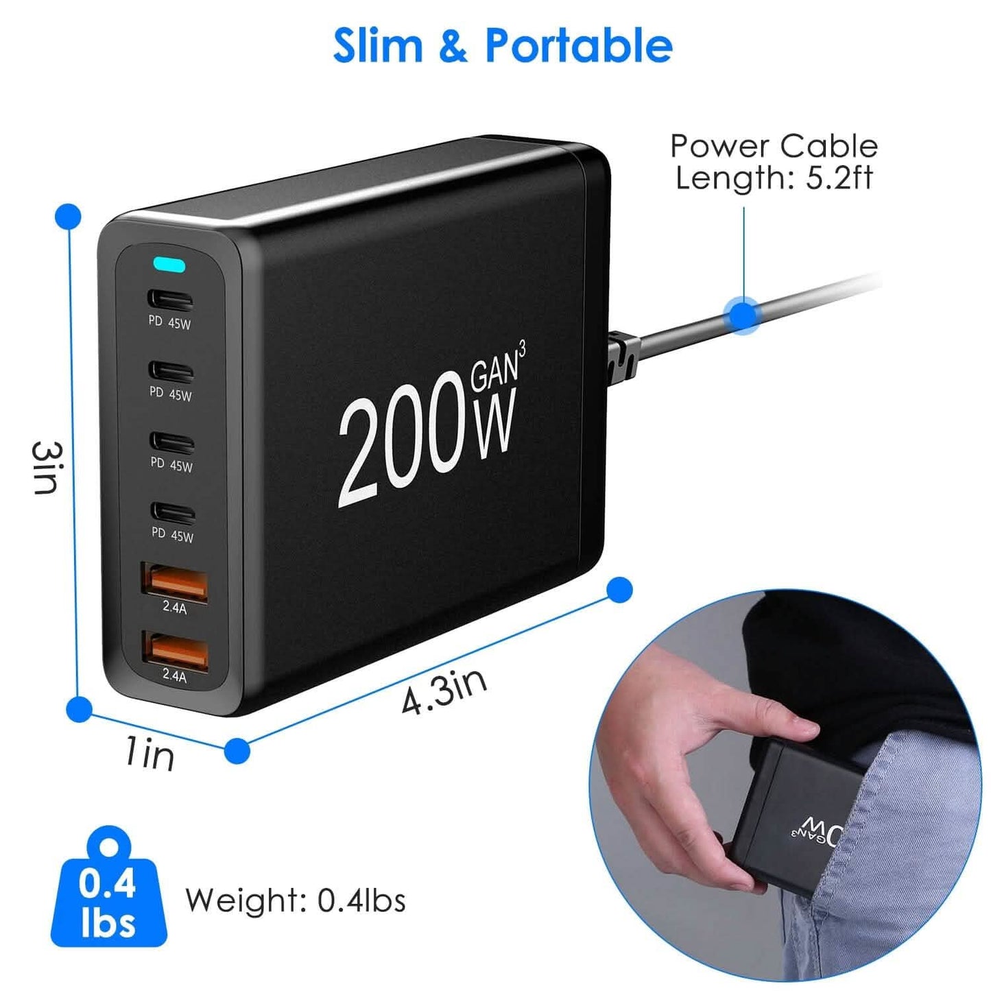 200W Fast Wall Charger with 6 Charging Ports Desktop USB Charging Station DailySale