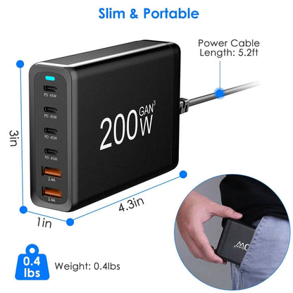 200W Fast Wall Charger with 6 Charging Ports Desktop USB Charging Station DailySale