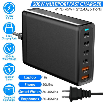200W Fast Wall Charger with 6 Charging Ports Desktop USB Charging Station DailySale