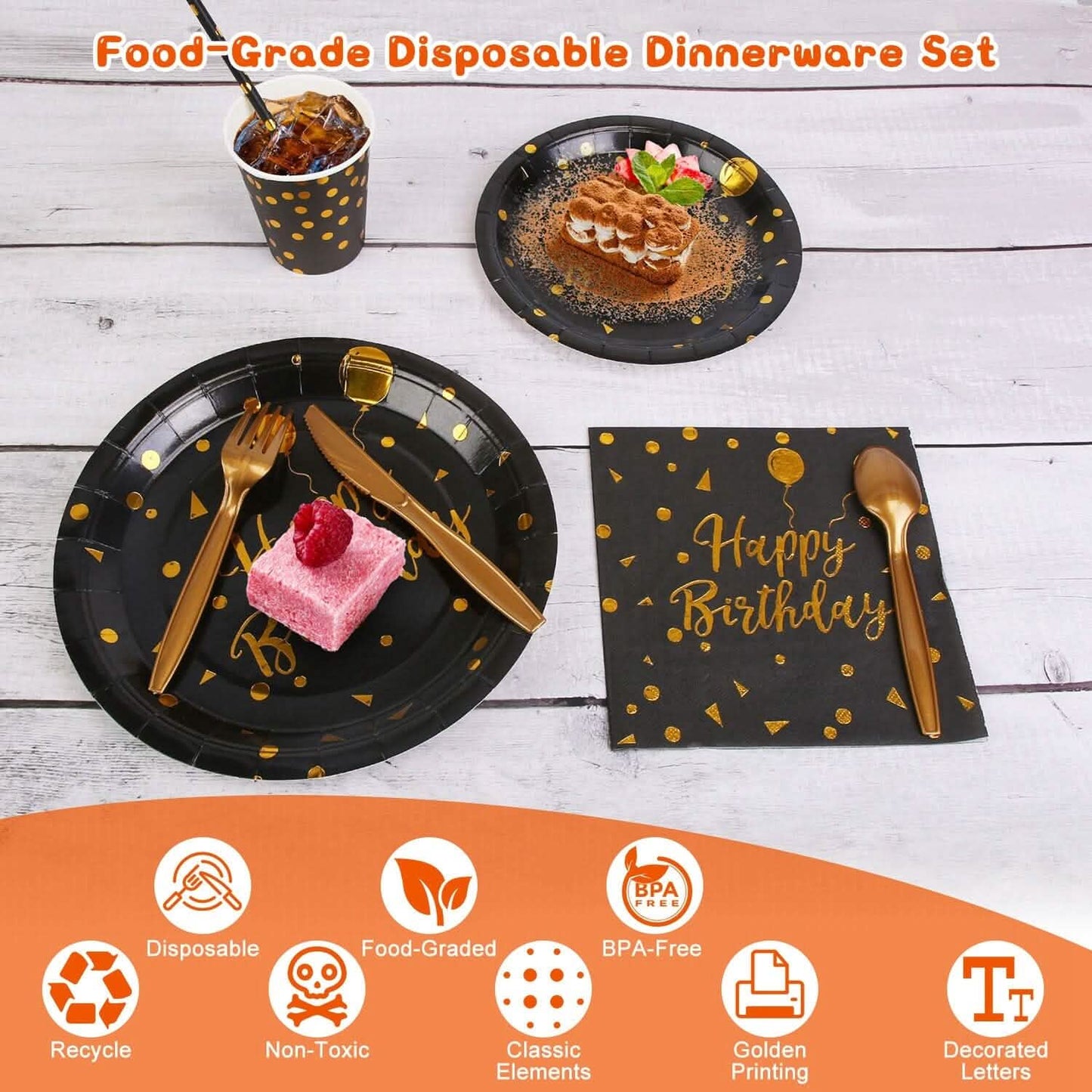 201 Pieces: Black Gold Disposable Dinnerware Set DailySale
