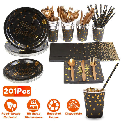 201 Pieces: Black Gold Disposable Dinnerware Set DailySale