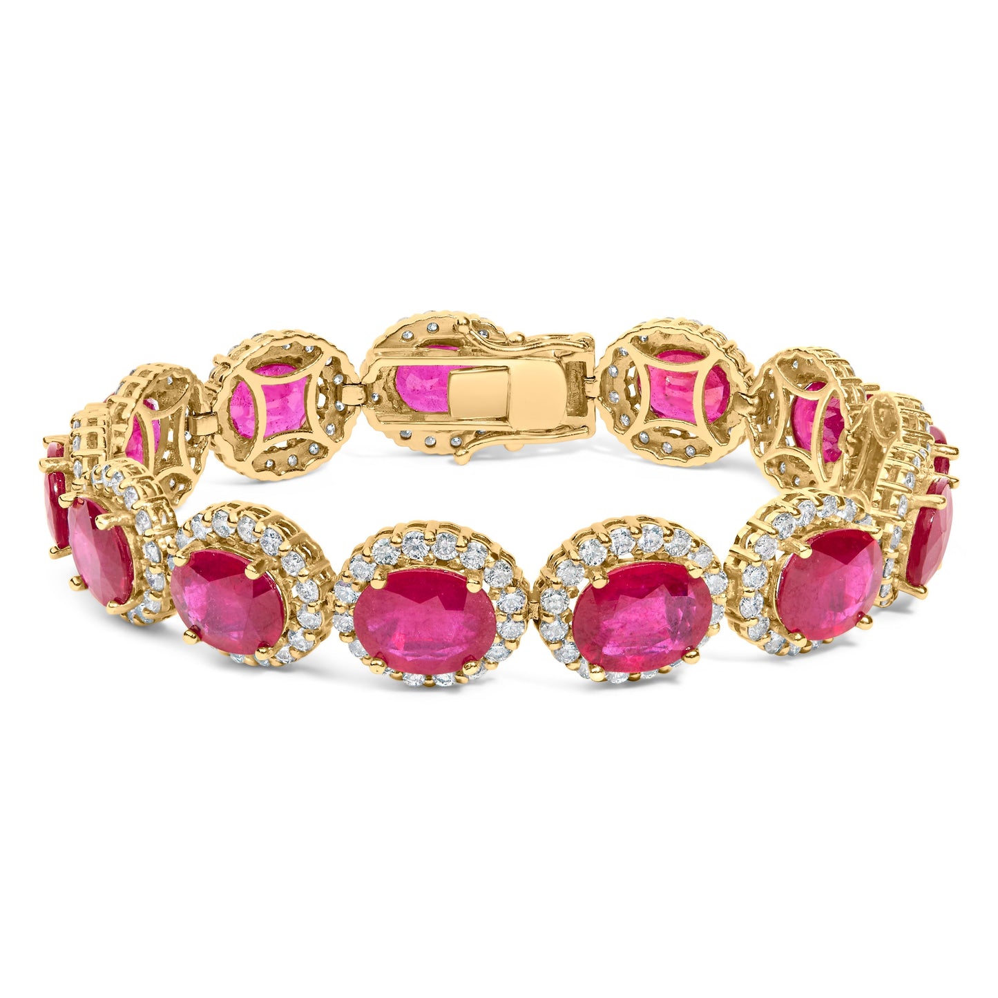 14K Yellow Gold 6 2/5 Cttw Diamond and 34.0 Cttw Oval Red Ruby Halo Link Bracelet (I-J Color, SI1-SI2 Clarity) - 7.25" Inches Bids.com