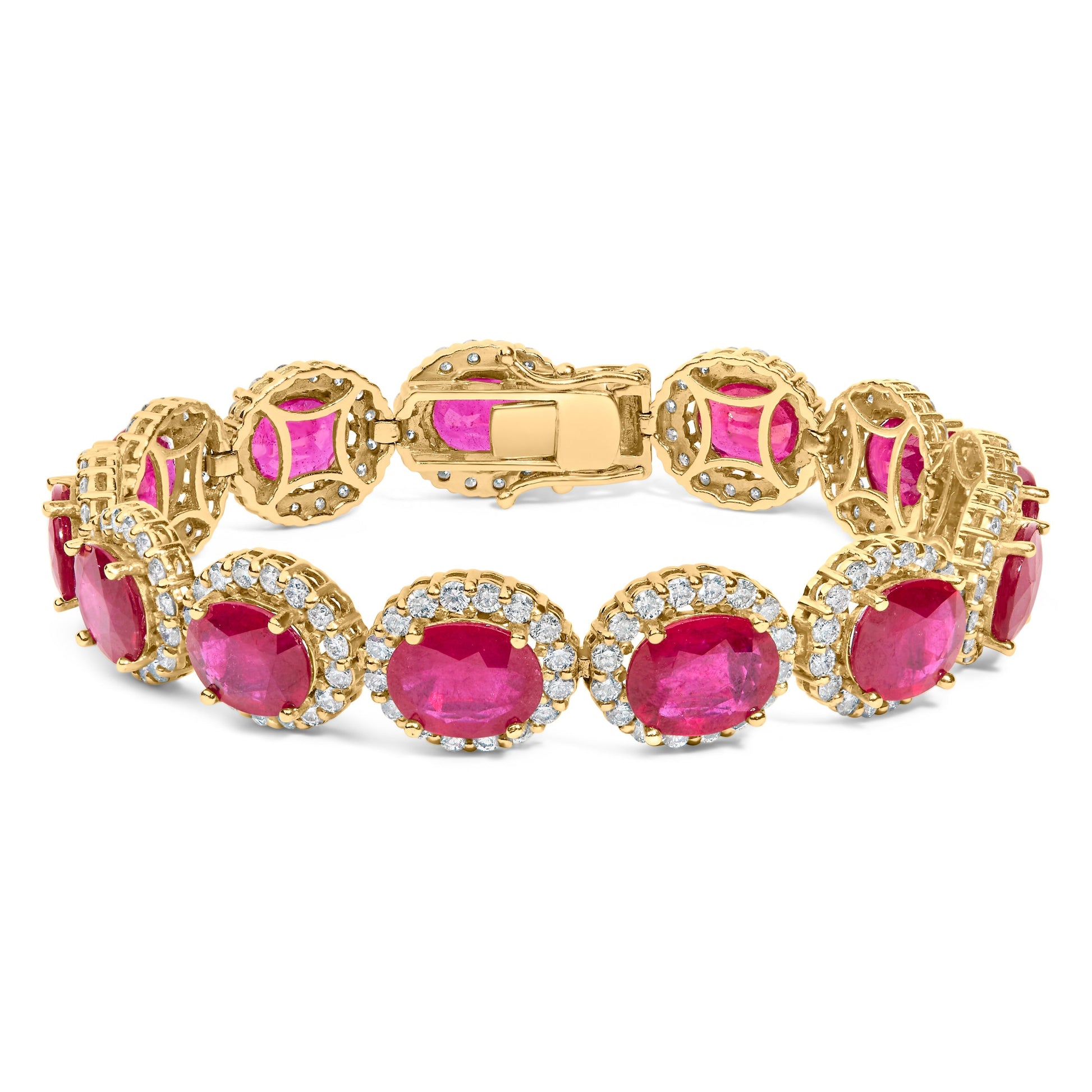 14K Yellow Gold 6 2/5 Cttw Diamond and 34.0 Cttw Oval Red Ruby Halo Link Bracelet (I-J Color, SI1-SI2 Clarity) - 7.25" Inches Bids.com