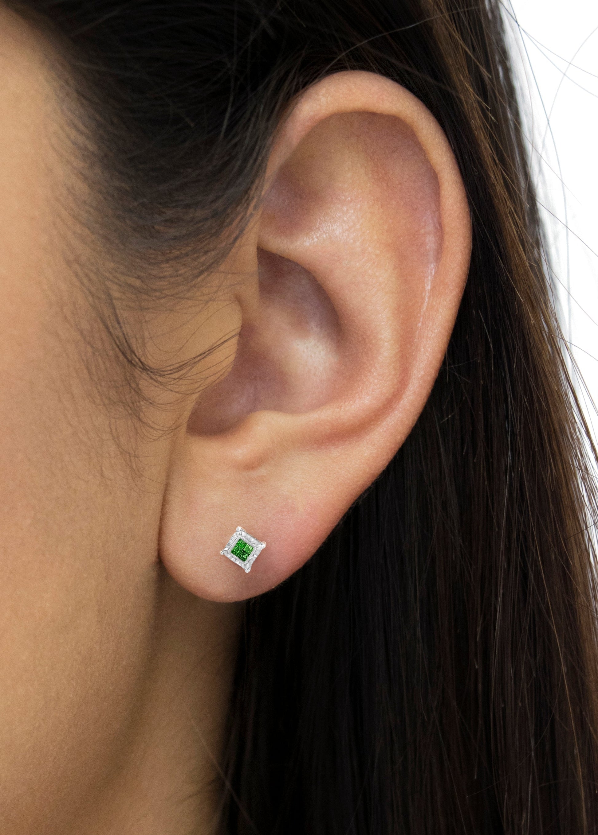 Sterling Silver Color Treated Princess Diamond Quad Stud Earring (1/2 cttw, Green Color, I1-I2 Clarity) Bids.com