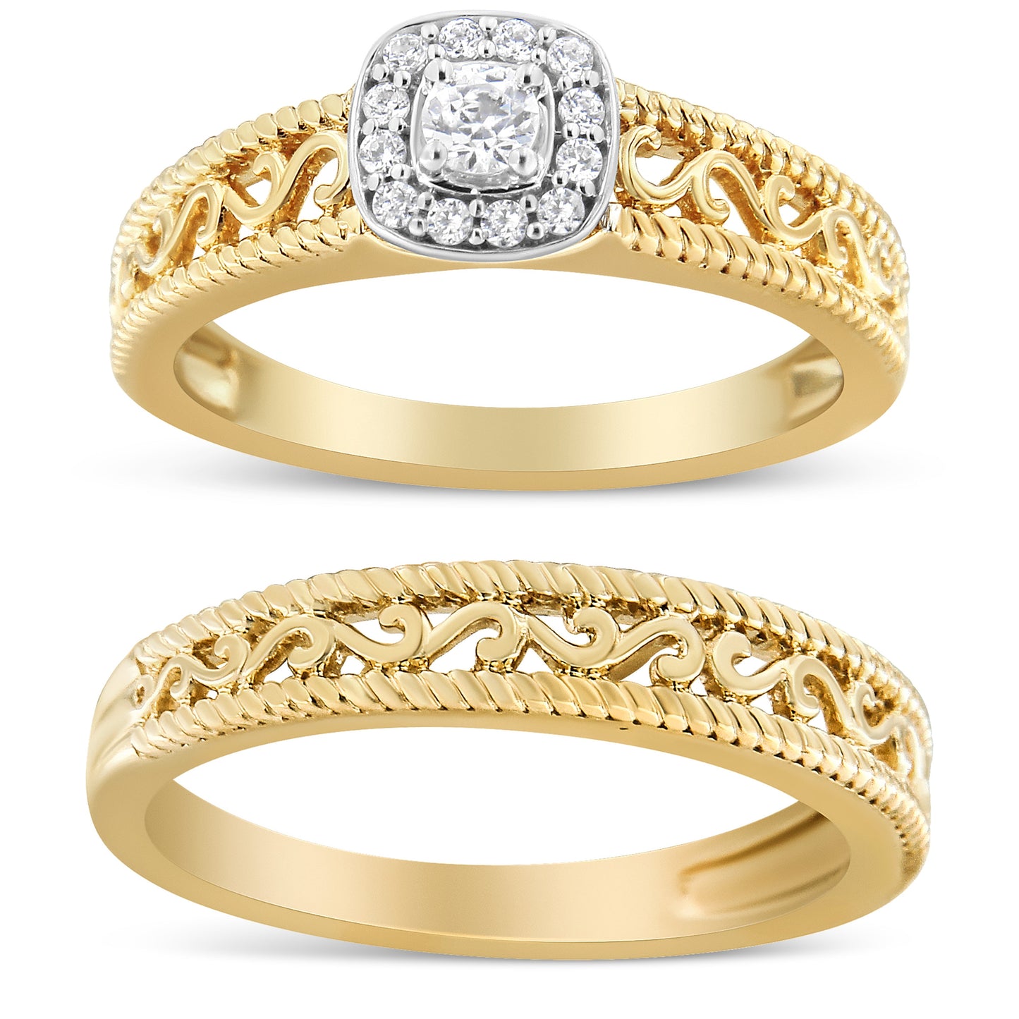 14K Yellow Gold Plated .925 Sterling Silver 1/5 Cttw Diamond Halo and Milgrain Finish Engagement Ring Bridal Set (I-J Color I3 Clarity) - Size 7 Bids.com