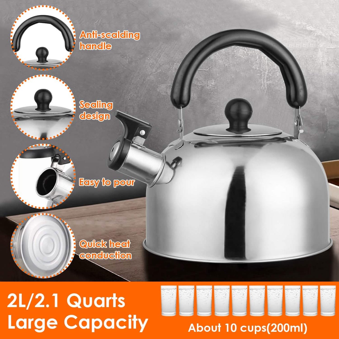 2.1 Quarts Stainless Steel Whistling Tea Kettle Stovetop Induction Gas Teapot DailySale