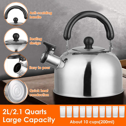 2.1 Quarts Stainless Steel Whistling Tea Kettle Stovetop Induction Gas Teapot DailySale