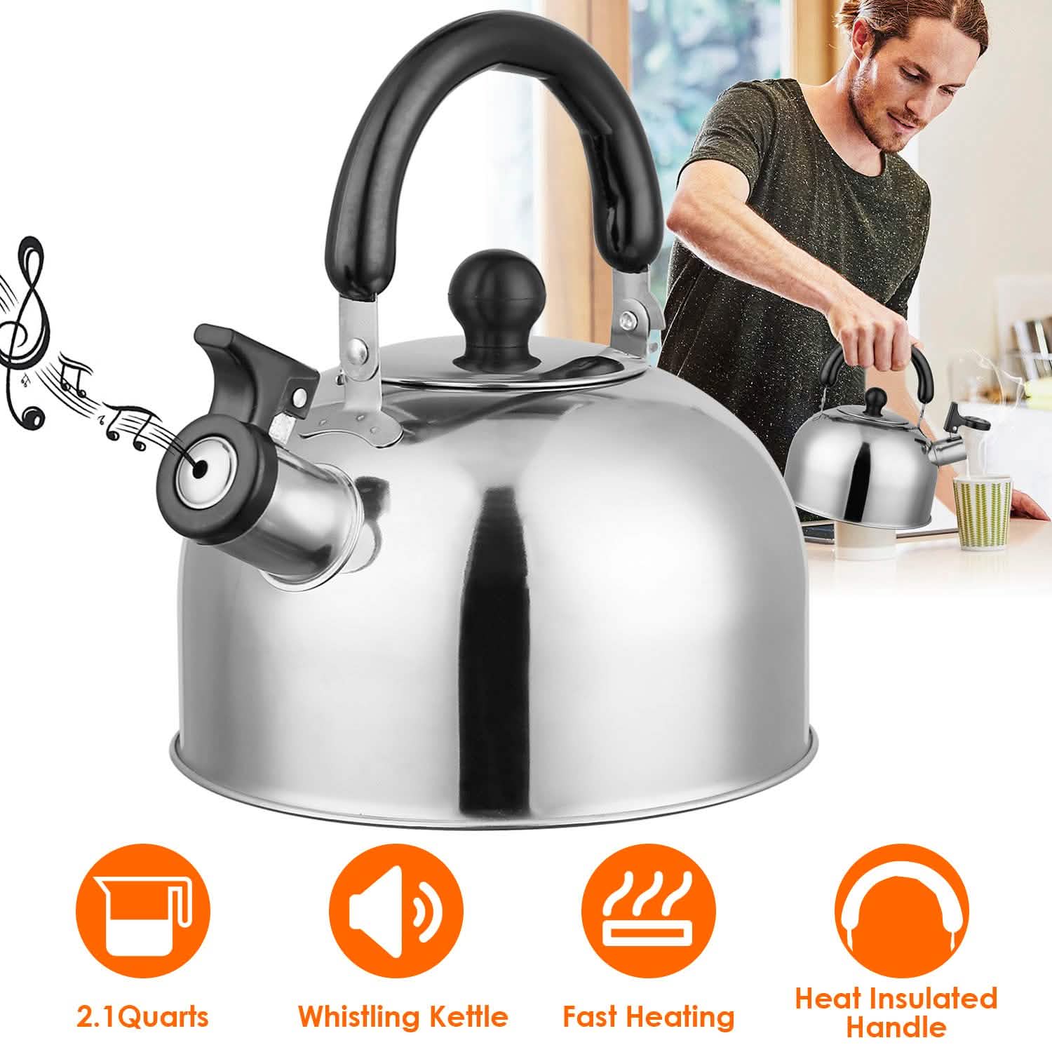 2.1 Quarts Stainless Steel Whistling Tea Kettle Stovetop Induction Gas Teapot DailySale