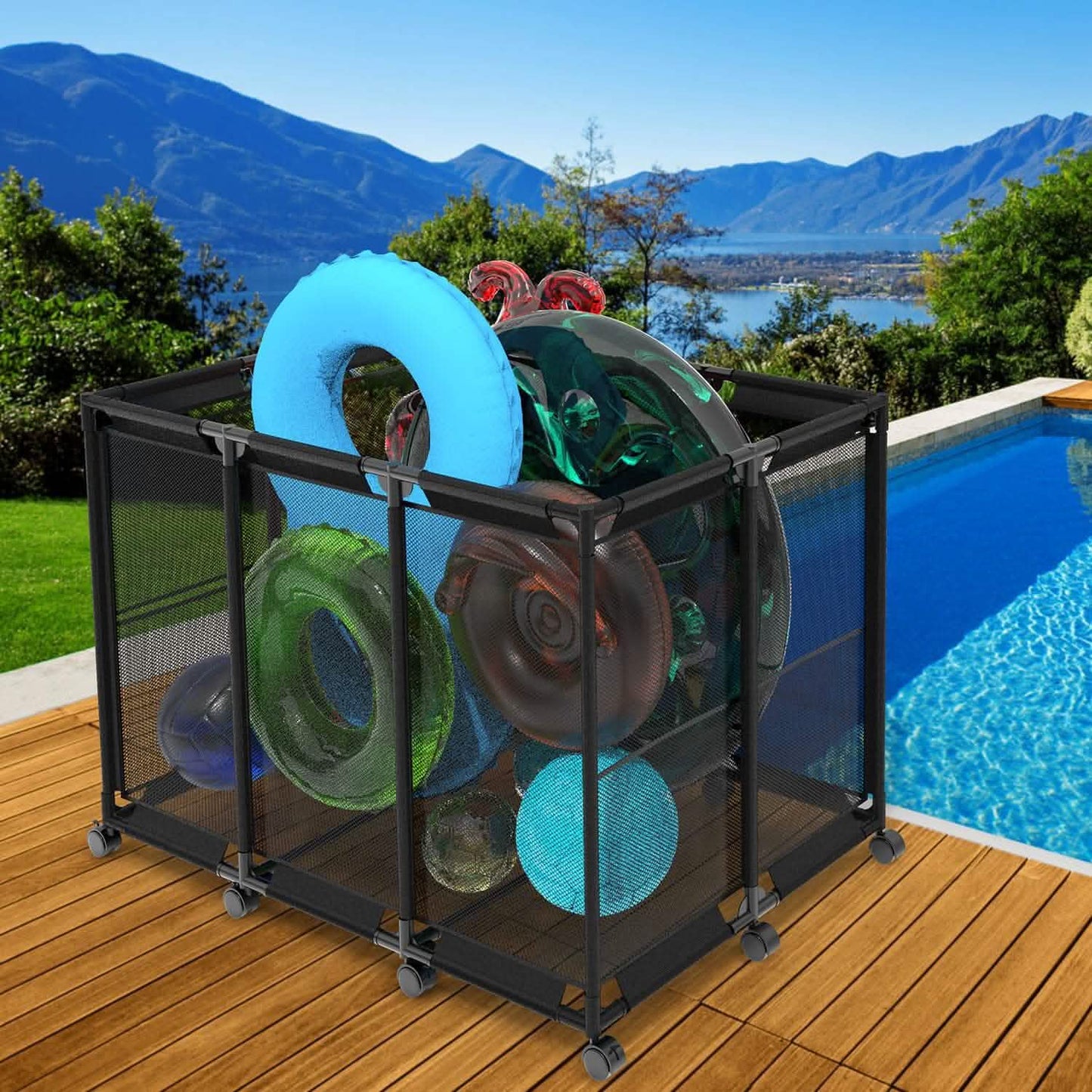 210 Gallon Pool Storage Bin Organizer Rolling Mesh Storage Basket with Lockable Wheels DailySale
