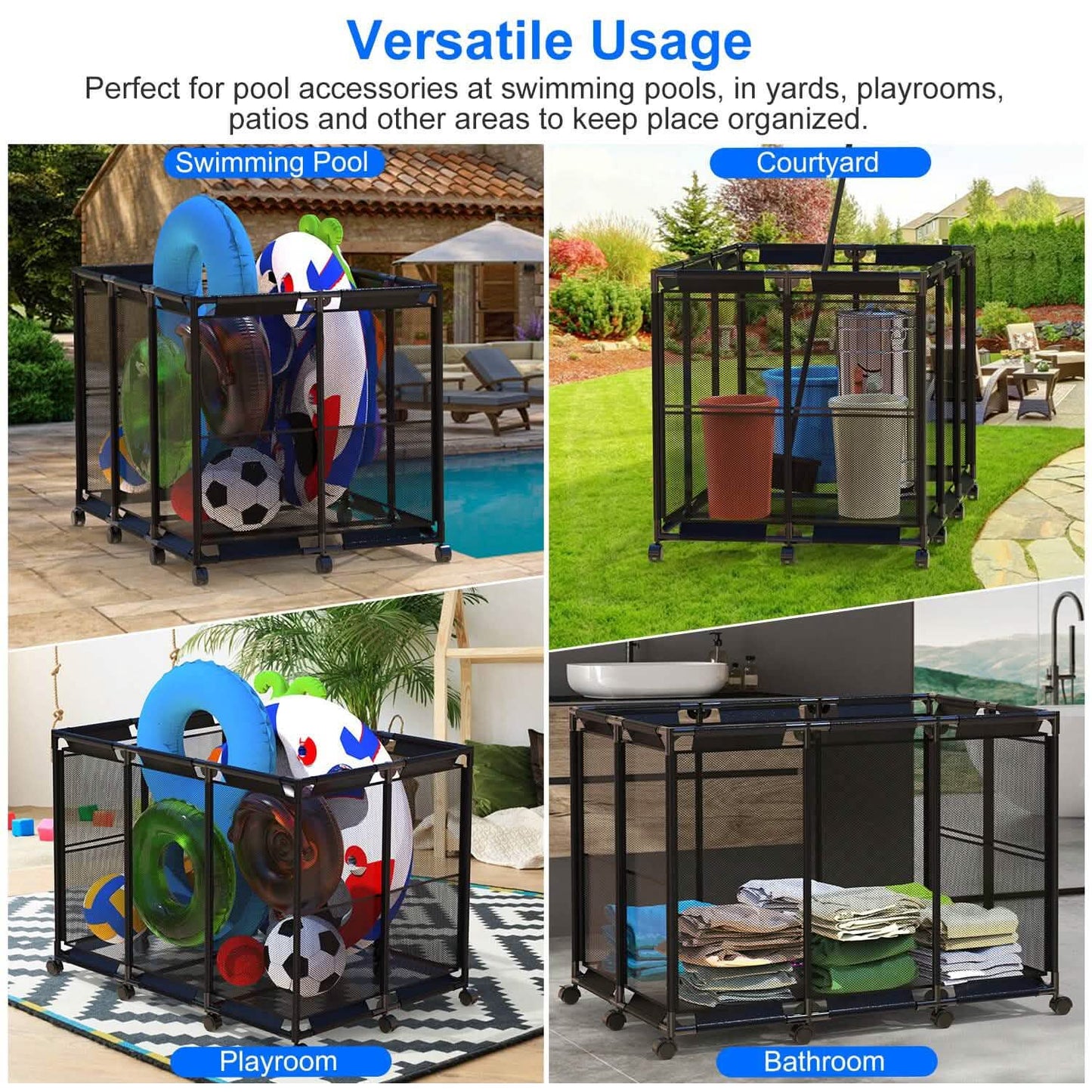 210 Gallon Pool Storage Bin Organizer Rolling Mesh Storage Basket with Lockable Wheels DailySale