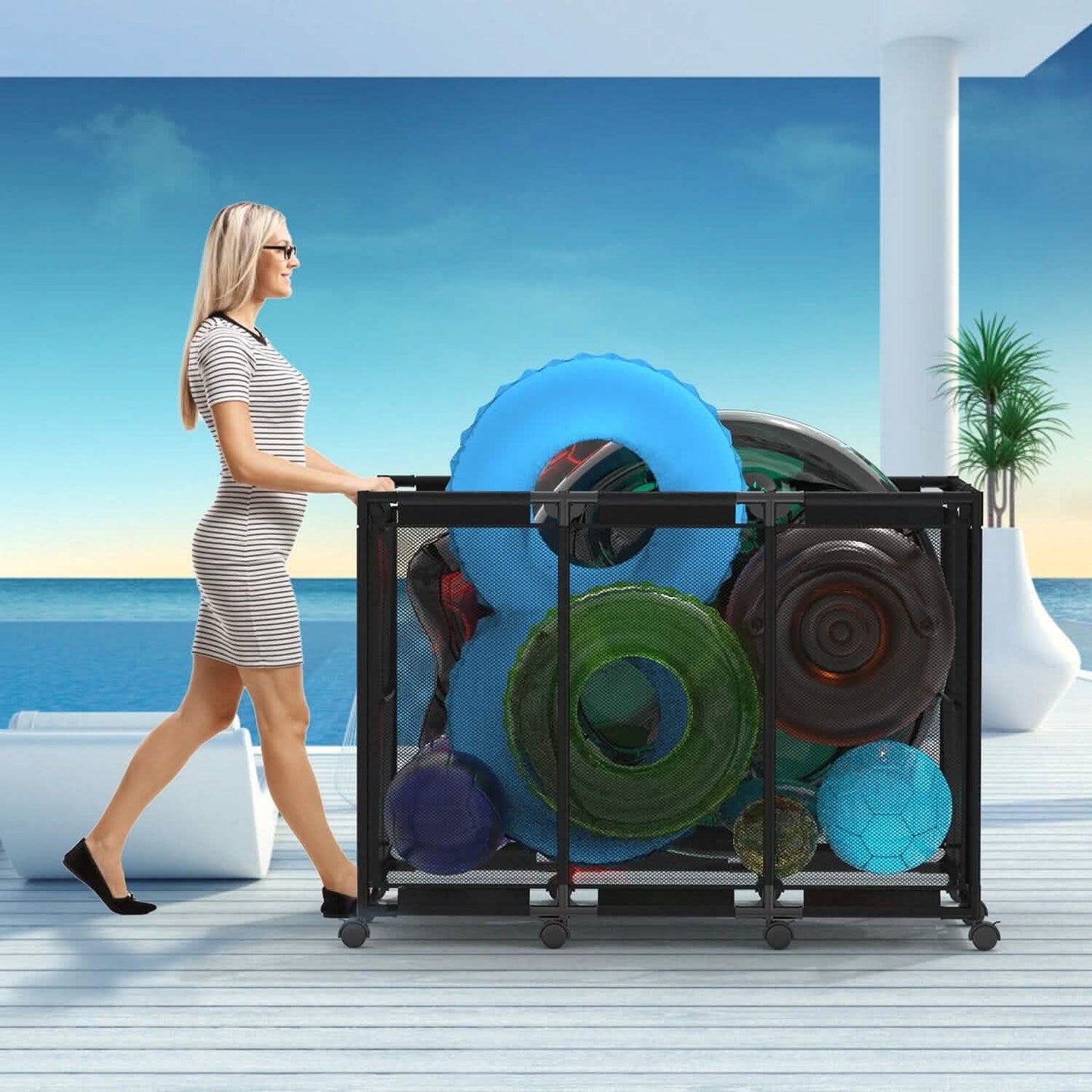 210 Gallon Pool Storage Bin Organizer Rolling Mesh Storage Basket with Lockable Wheels DailySale