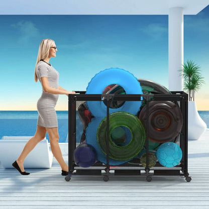 210 Gallon Pool Storage Bin Organizer Rolling Mesh Storage Basket with Lockable Wheels DailySale