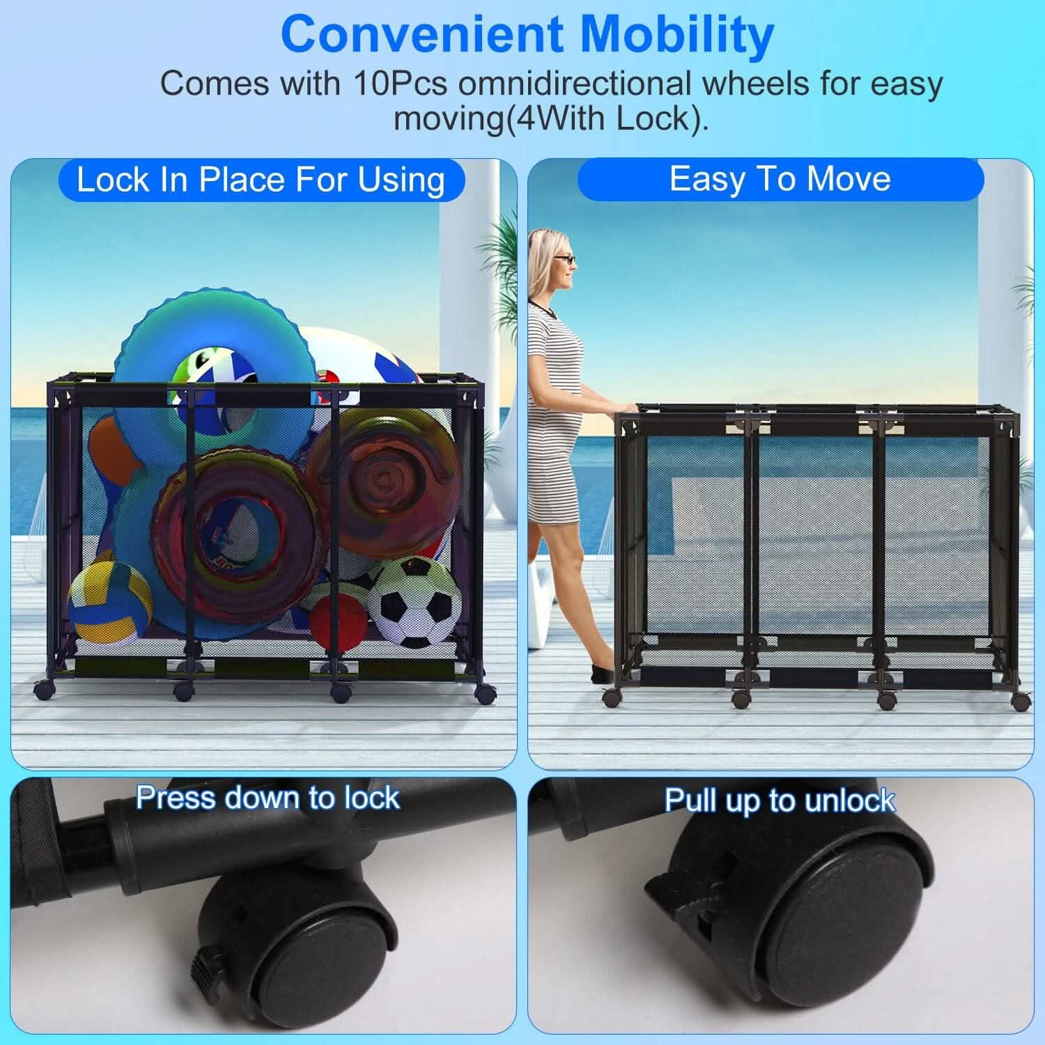 210 Gallon Pool Storage Bin Organizer Rolling Mesh Storage Basket with Lockable Wheels DailySale