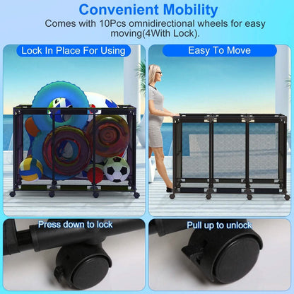 210 Gallon Pool Storage Bin Organizer Rolling Mesh Storage Basket with Lockable Wheels DailySale