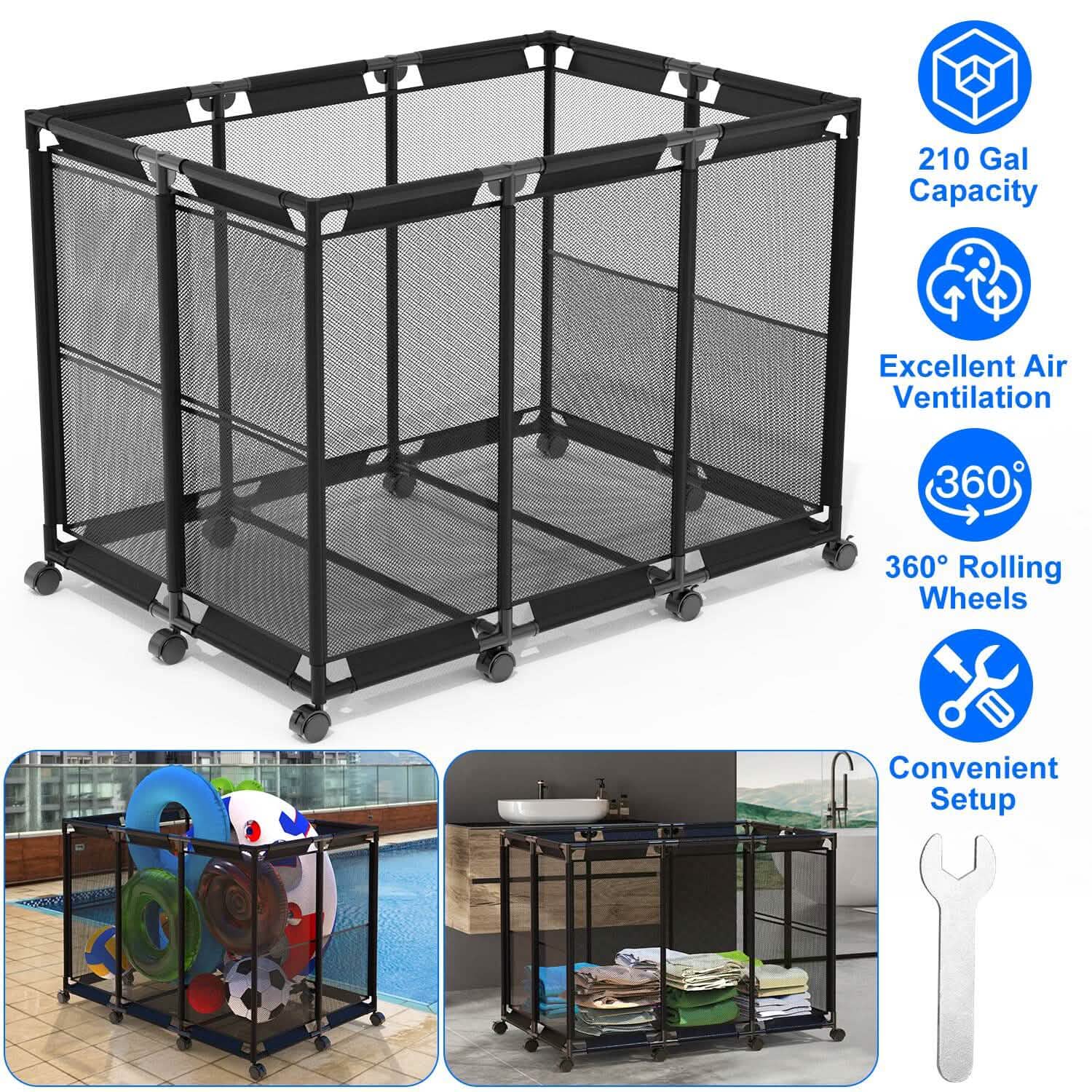 210 Gallon Pool Storage Bin Organizer Rolling Mesh Storage Basket with Lockable Wheels DailySale