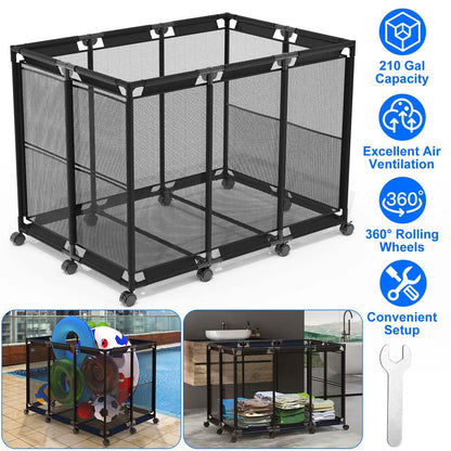 210 Gallon Pool Storage Bin Organizer Rolling Mesh Storage Basket with Lockable Wheels DailySale