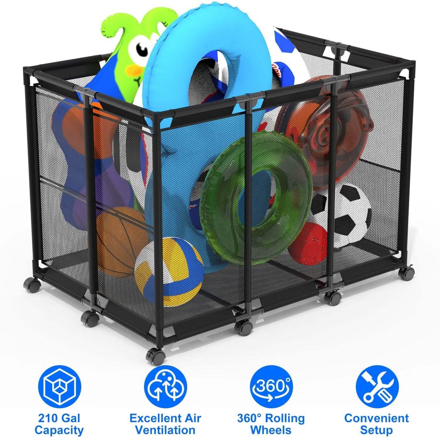 210 Gallon Pool Storage Bin Organizer Rolling Mesh Storage Basket with Lockable Wheels DailySale