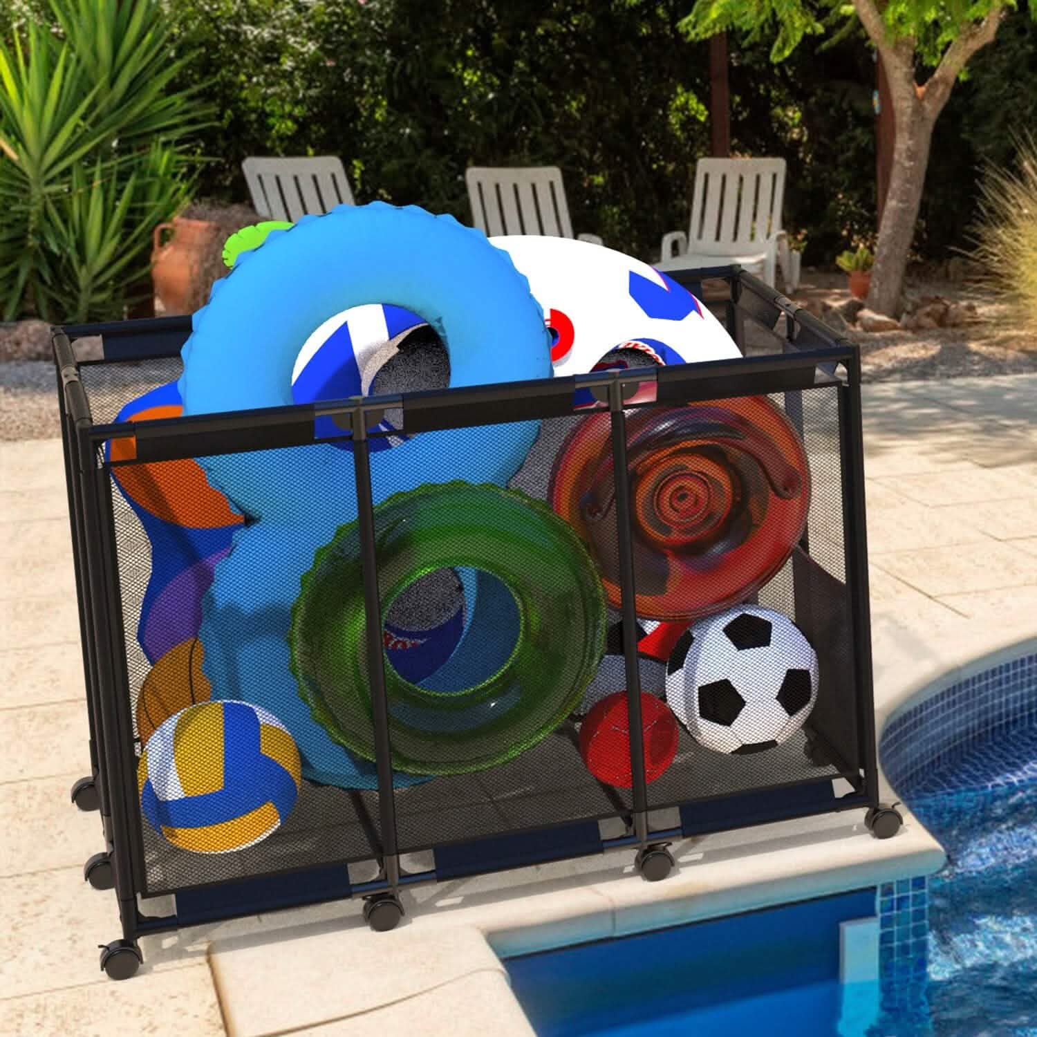 210 Gallon Pool Storage Bin Organizer Rolling Mesh Storage Basket with Lockable Wheels DailySale