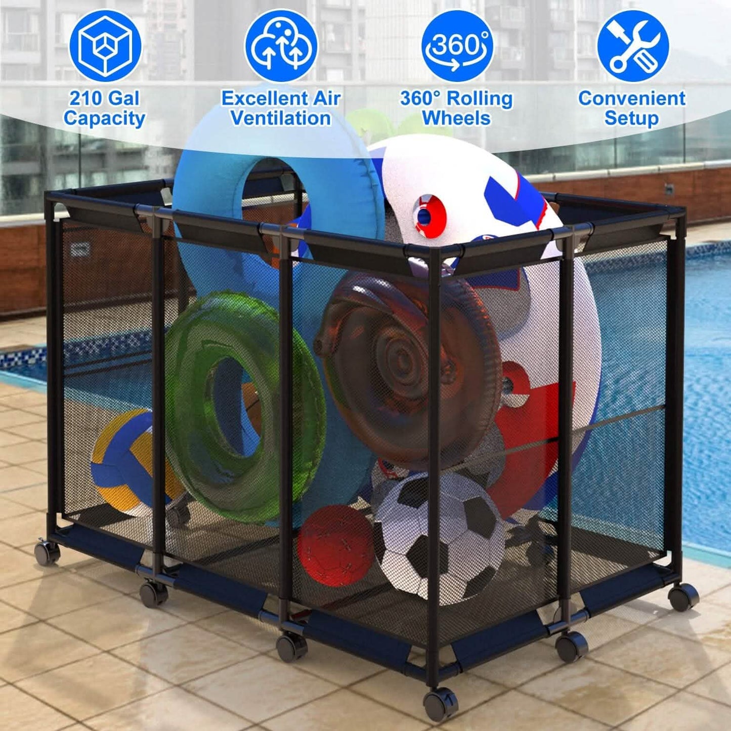 210 Gallon Pool Storage Bin Organizer Rolling Mesh Storage Basket with Lockable Wheels DailySale