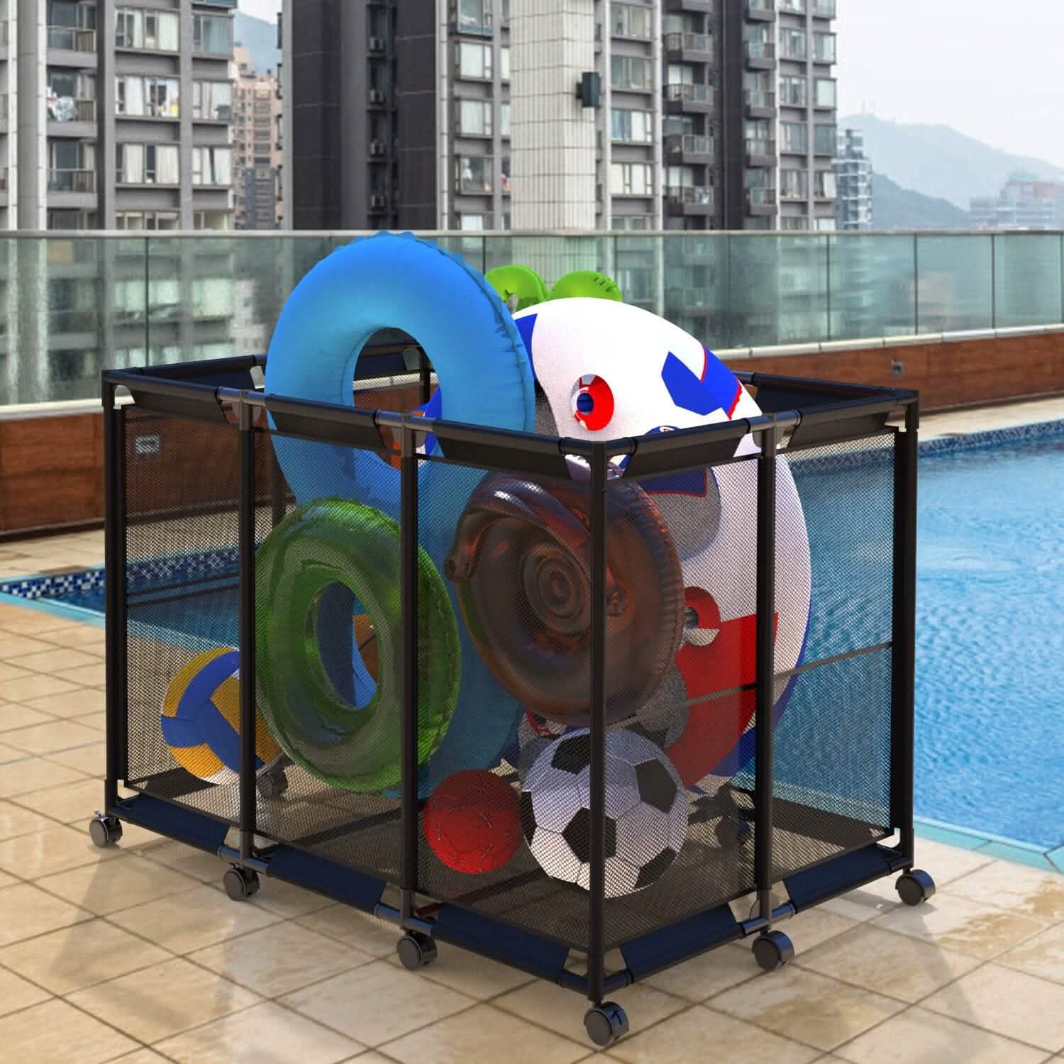 210 Gallon Pool Storage Bin Organizer Rolling Mesh Storage Basket with Lockable Wheels DailySale