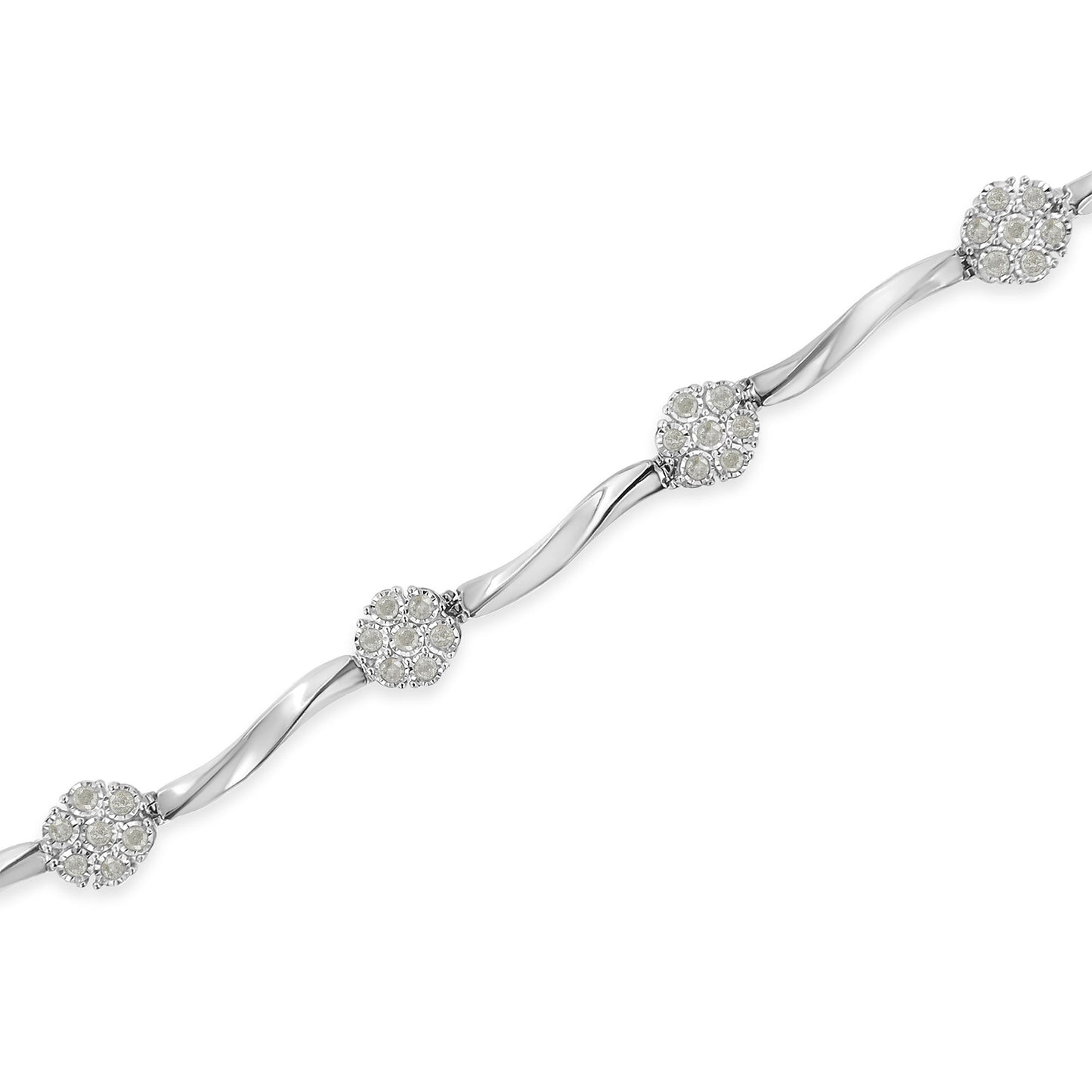 .925 Sterling Silver 1.0 cttw Miracle-Set Diamond 7 Stone Floral Cluster Link Bracelet (I-J Color, I3 Clarity) -7" Bids.com