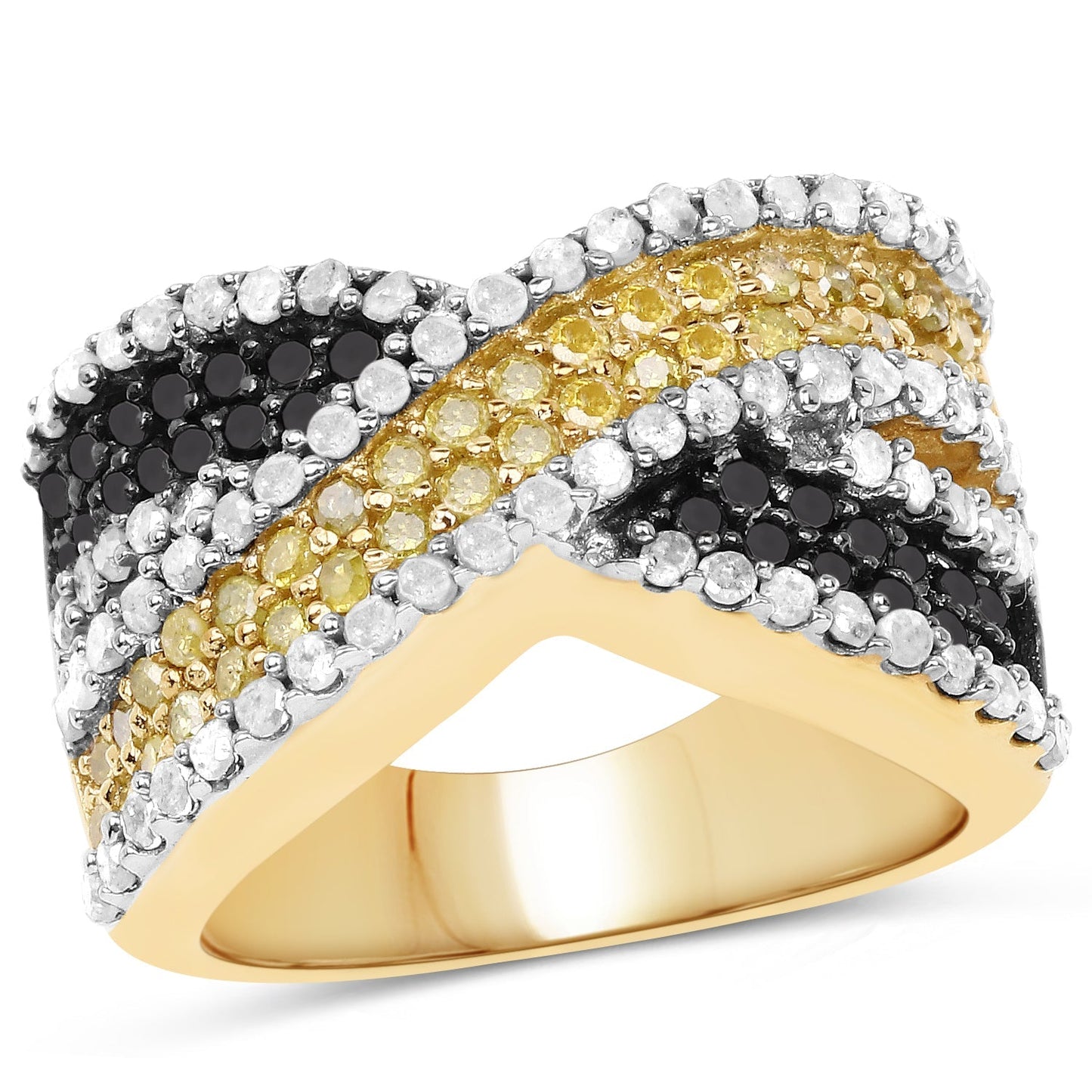 14K Yellow Gold Plated 1.58 Carat Genuine Black Diamond, White Diamond & Yellow Diamond .925 Sterling Silver Ring Bids.com