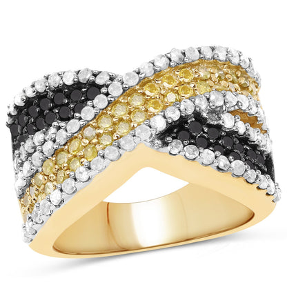 14K Yellow Gold Plated 1.58 Carat Genuine Black Diamond, White Diamond & Yellow Diamond .925 Sterling Silver Ring Bids.com