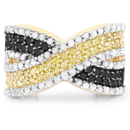 14K Yellow Gold Plated 1.58 Carat Genuine Black Diamond, White Diamond & Yellow Diamond .925 Sterling Silver Ring Bids.com