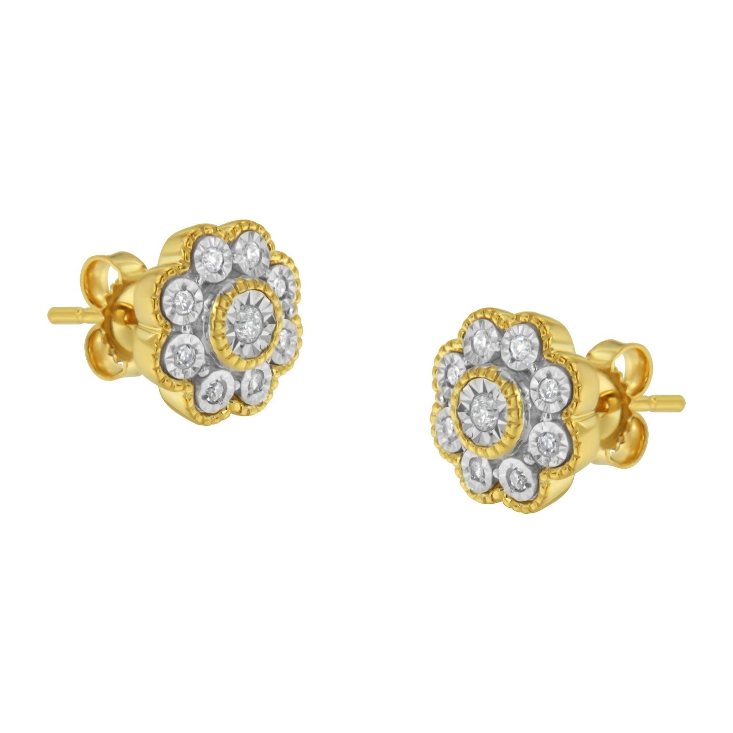 14K Yellow Gold Plated .925 Sterling Silver 1/6 Cttw Miracle-Plate Set Diamond Floral Stud Earrings (I-J Color, I2-I3 Clarity) Bids.com