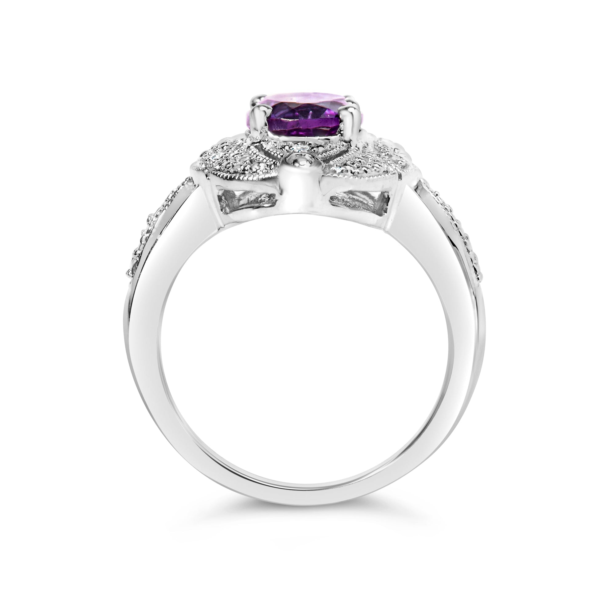 .925 Sterling Silver 9x7mm Oval Purple Amethyst and Diamond Accent Art Deco Style Cocktail Ring (I-J Color, I1-I2 Clarity) - Size 6 Bids.com