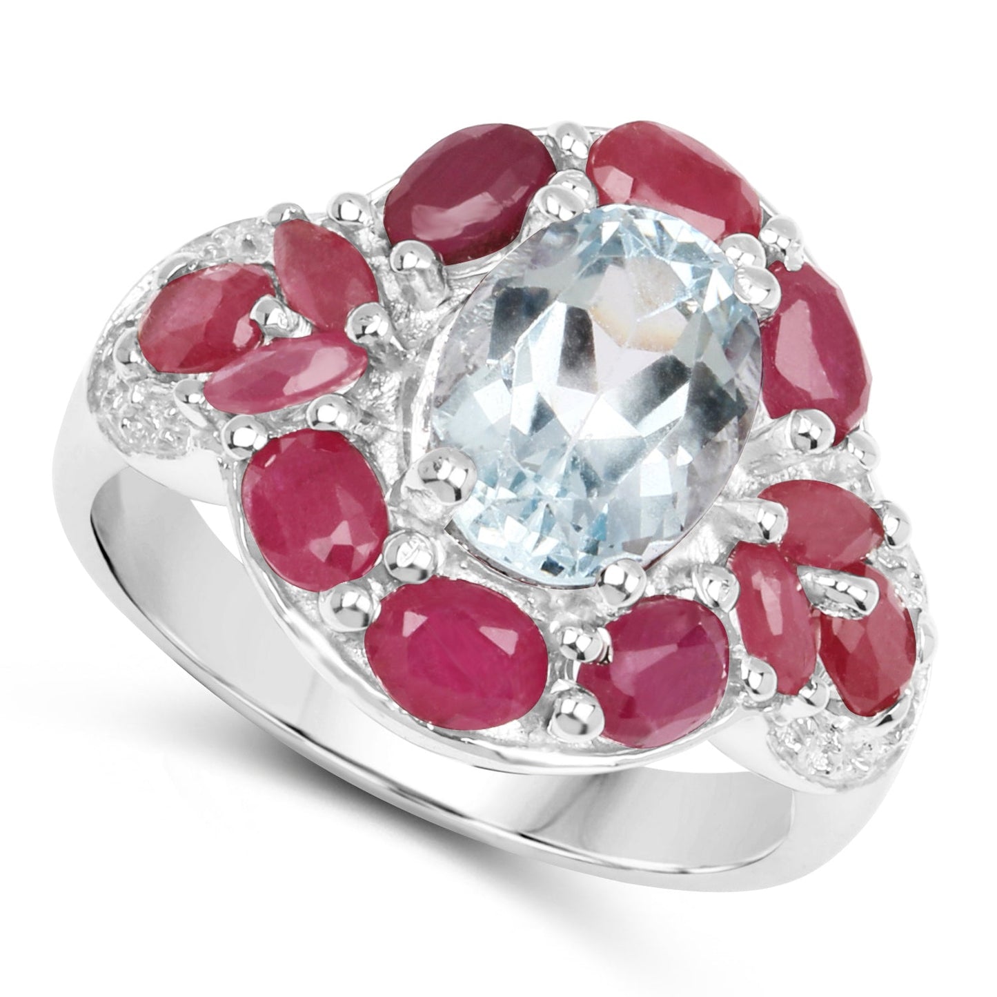 3.54 Carat Genuine Aquamarine, Ruby and White Topaz .925 Sterling Silver Ring Bids.com