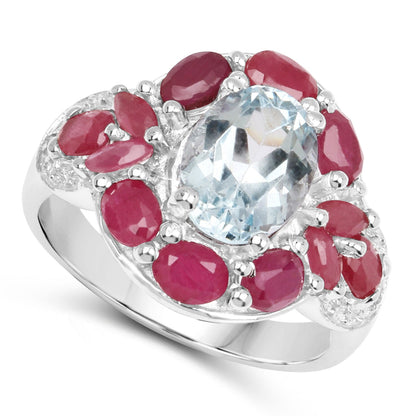 3.54 Carat Genuine Aquamarine, Ruby and White Topaz .925 Sterling Silver Ring Bids.com