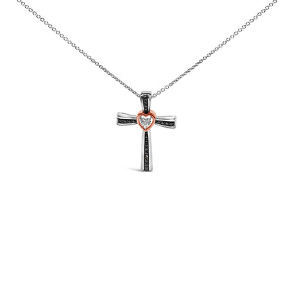 14K Rose Gold Plated Sterling Silver Black Rhodium Diamond Accent Heart Cross Pendant Necklace Bids.com