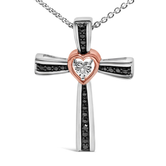 14K Rose Gold Plated Sterling Silver Black Rhodium Diamond Accent Heart Cross Pendant Necklace Bids.com