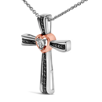 14K Rose Gold Plated Sterling Silver Black Rhodium Diamond Accent Heart Cross Pendant Necklace Bids.com
