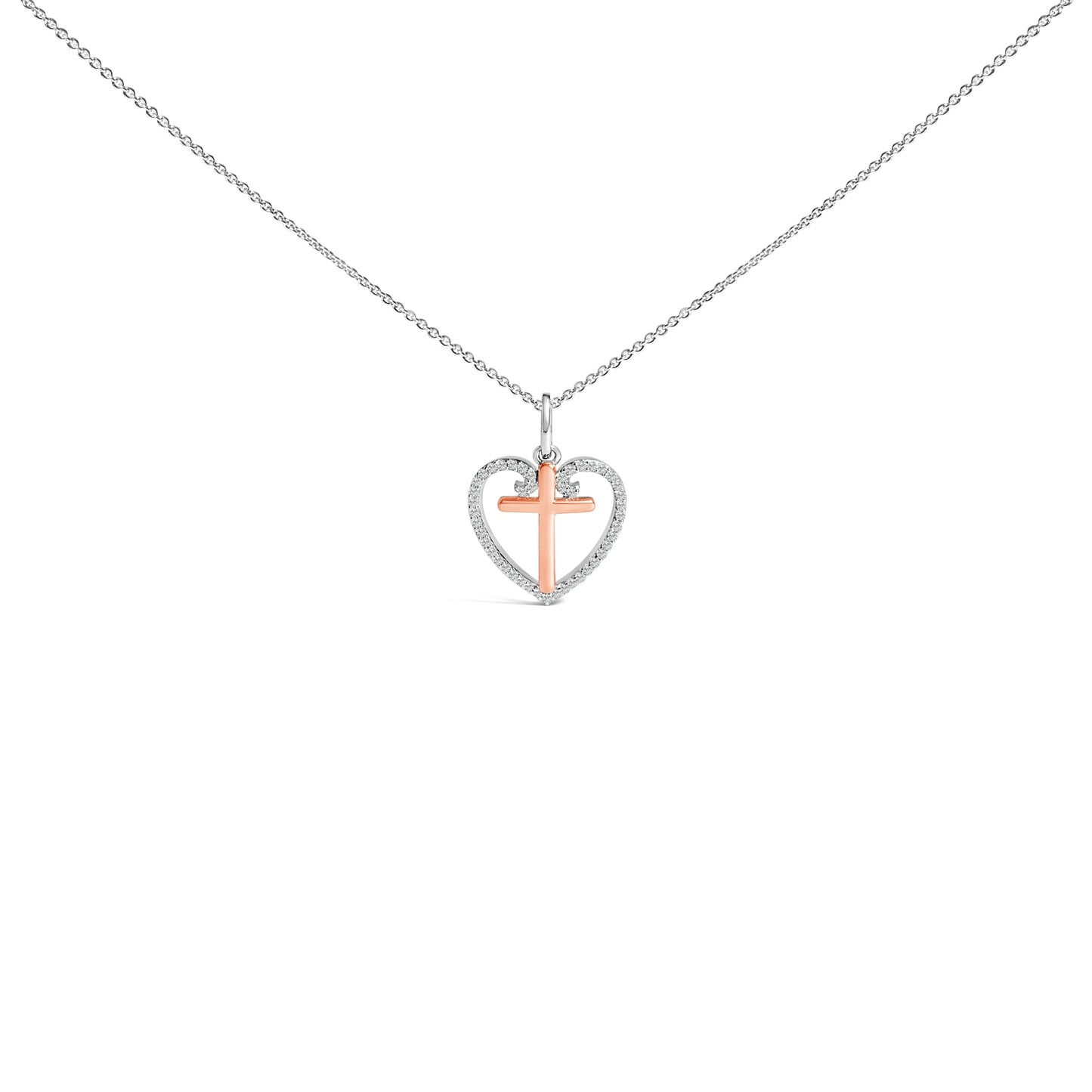 14K Rose Gold Plated Sterling Silver 1/5 Cttw Diamond Heart Cross Pendant Necklace Bids.com