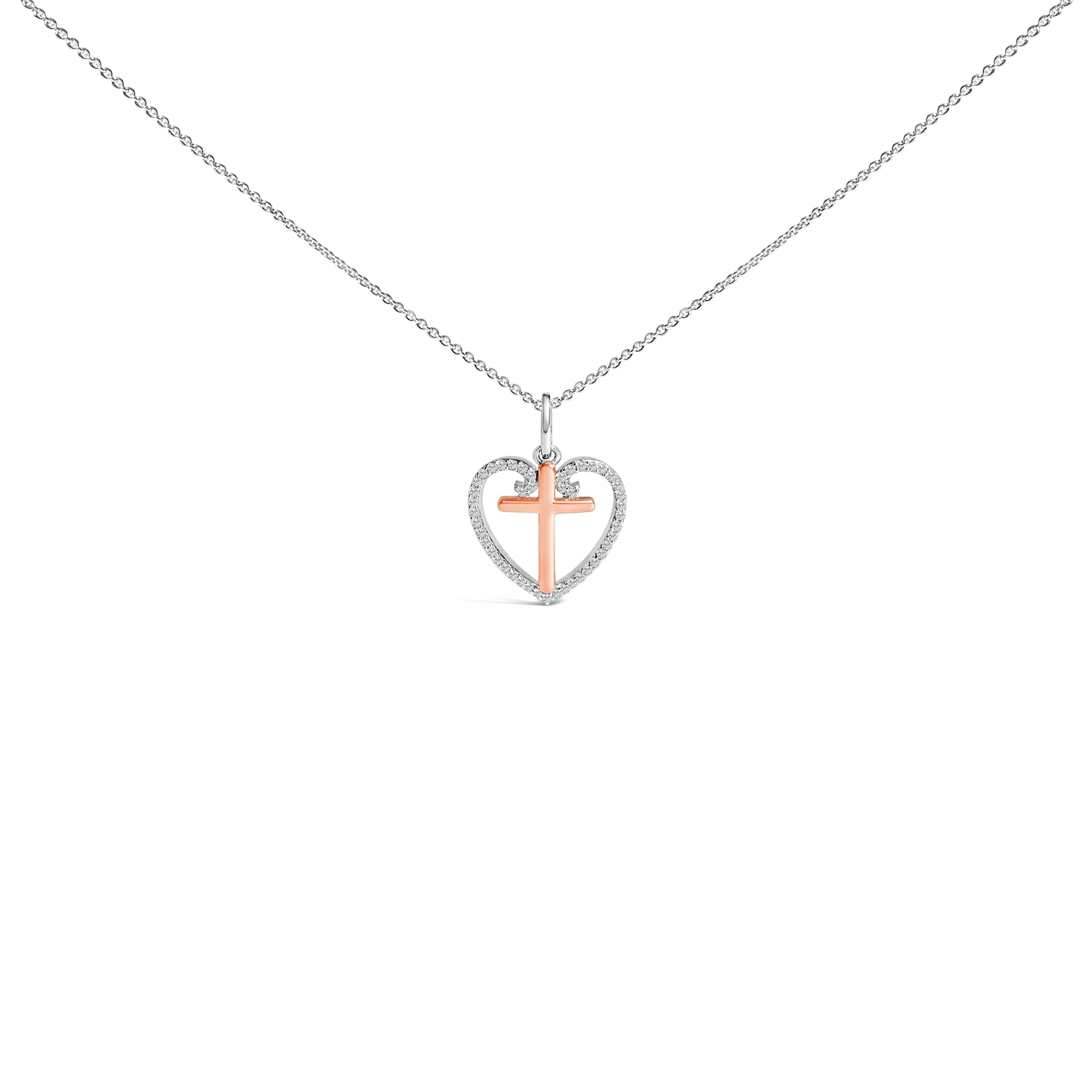 14K Rose Gold Plated Sterling Silver 1/5 Cttw Diamond Heart Cross Pendant Necklace Bids.com